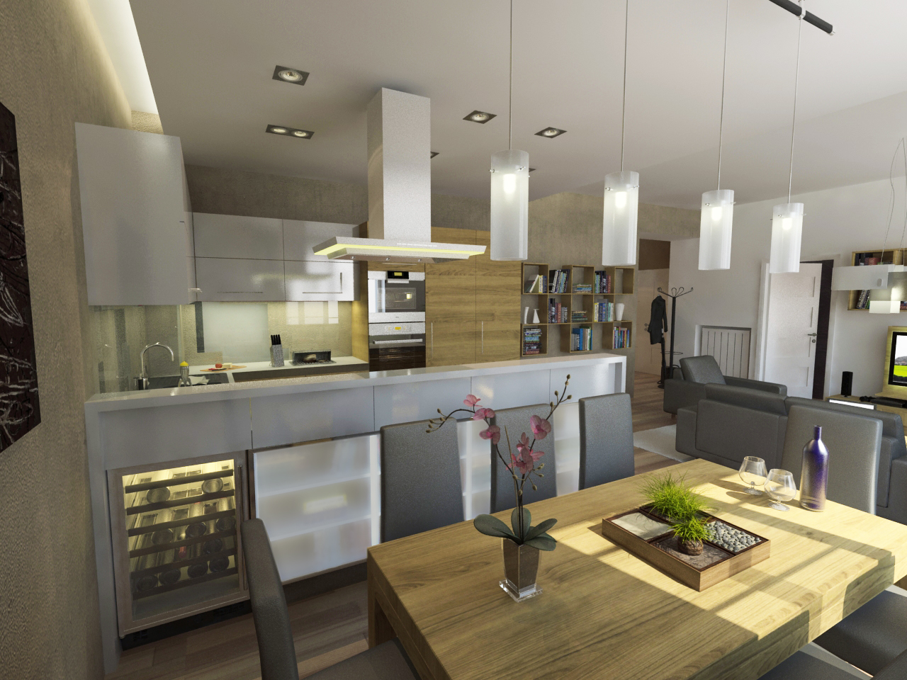 Konyha - étkező Látványterv / Kitchen - dining room architectural visualization
